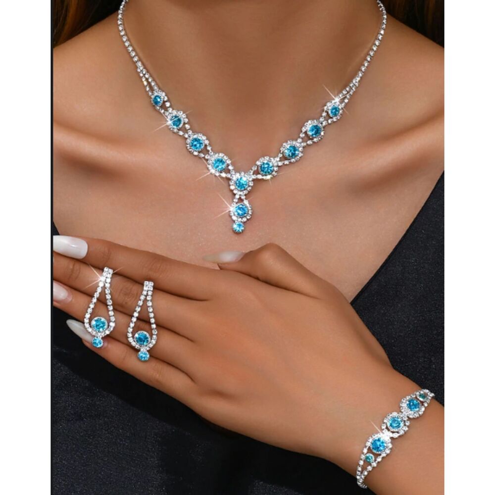 Silver-Toned Light Blue Crystal Jewelry Set - Necklace, Bracelet, Earrings